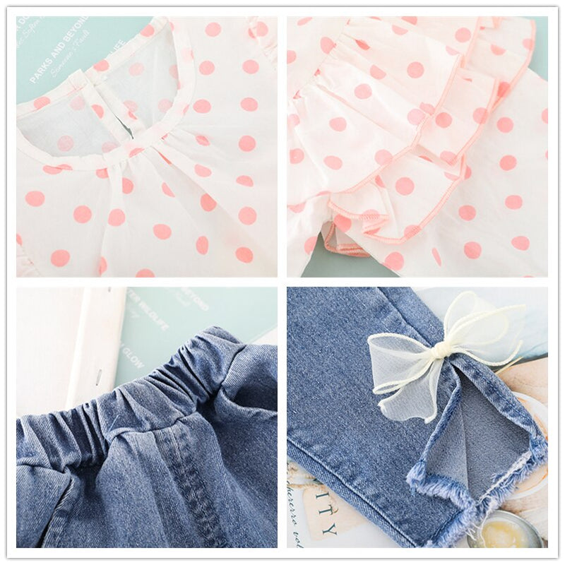 Frühling Herbst Baby Mädchen Kleidung Sets Kinder Prinzessin Kleidung Spitze Polka Dot Tops Schleife-Knoten Jeans Kleinkind Kleinkind Kind Kostüm