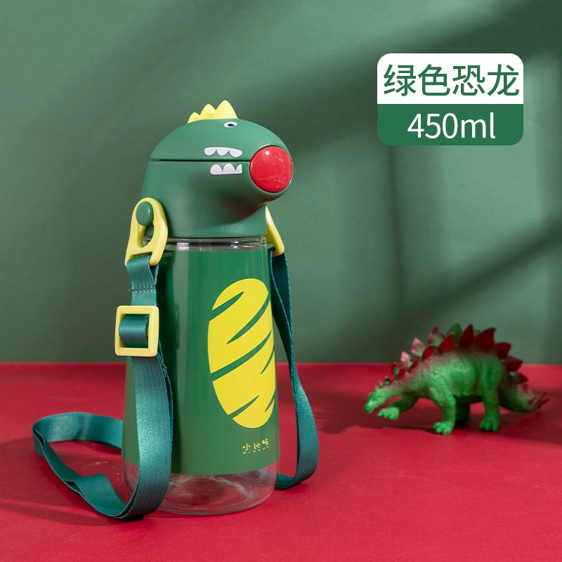 New Pinkah Children Straw Kettle with Shoulder Strap Portable School Plastic Water Bottle Creative Cartoon Dinosaur Shape 450ML