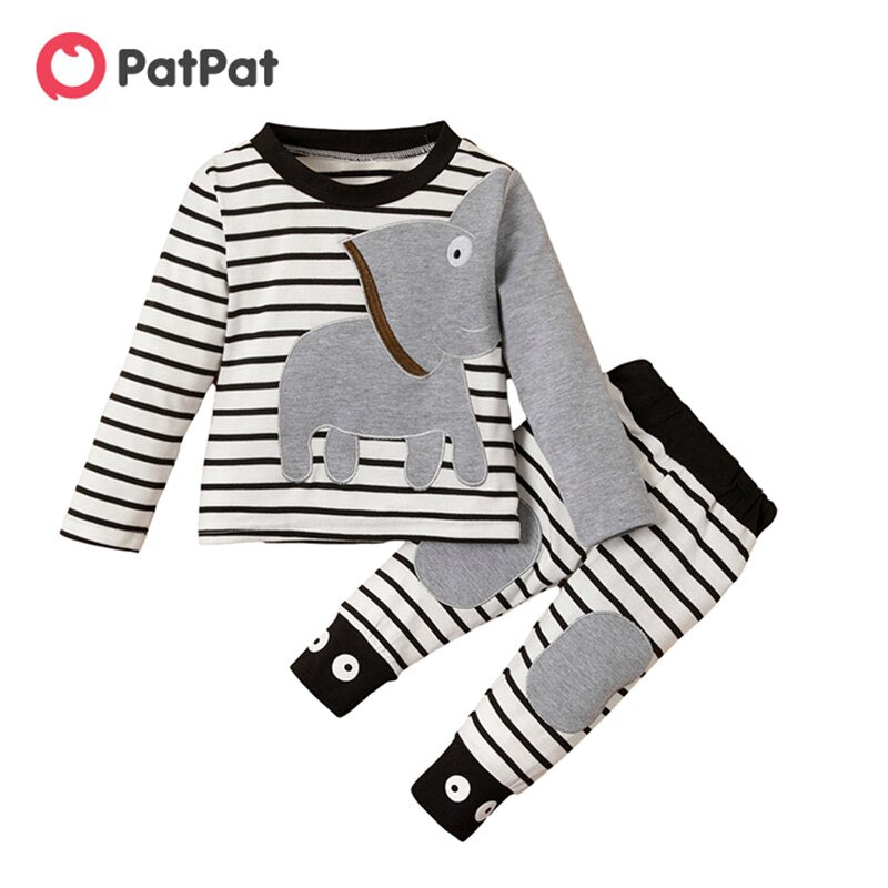 PatPat 2-teiliges Set mit Elefanten-Applikation, gestreiftes Oberteil und Hose, Baby-Kind-Kleidung, langärmelige Baby-Sets