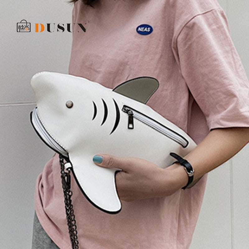 Fashion Shark Shaped Chains Crossbody Bag for Women School Bag Funny PU Leather Cartoon Shoulder Bags Lady Handbag Brands Sac