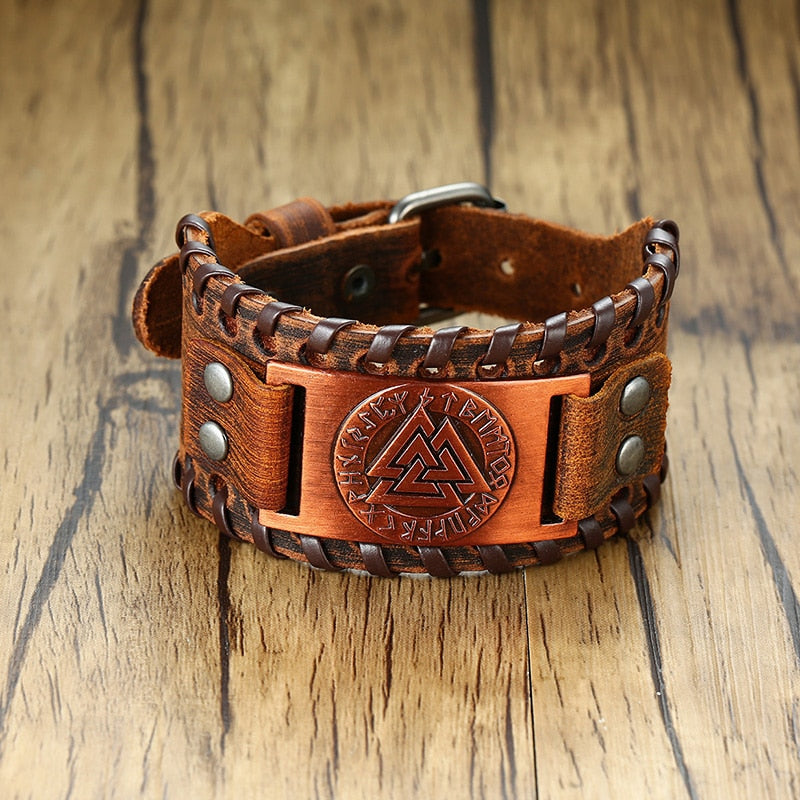 Vnox, pulseras de 26mm de ancho para hombres, icono vikingo, pulsera de martillo de runas nórdicas, joyería Vintage Punk Rock negra y marrón
