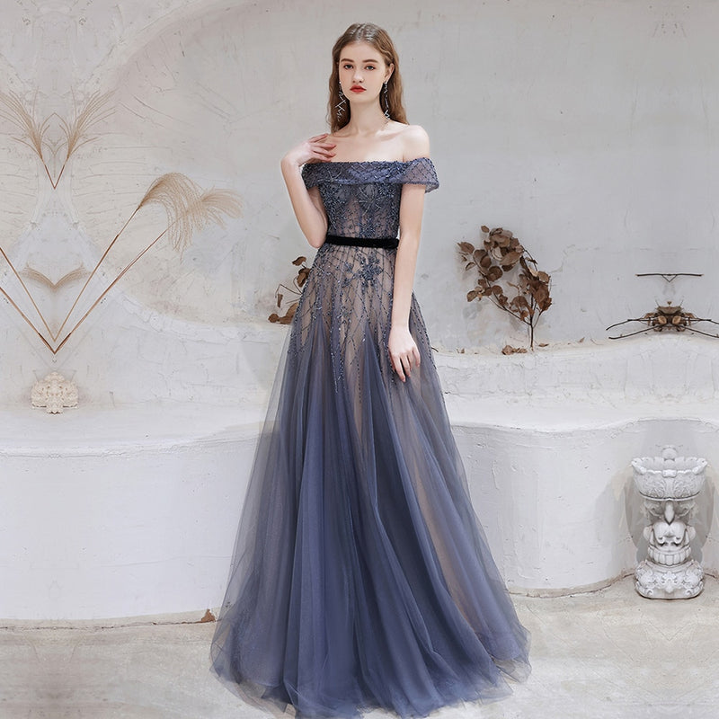 Dubai Dark Blue Evening Dresses 2021 New Arrivals Luxury Beaded Beading Formal Gown for Women