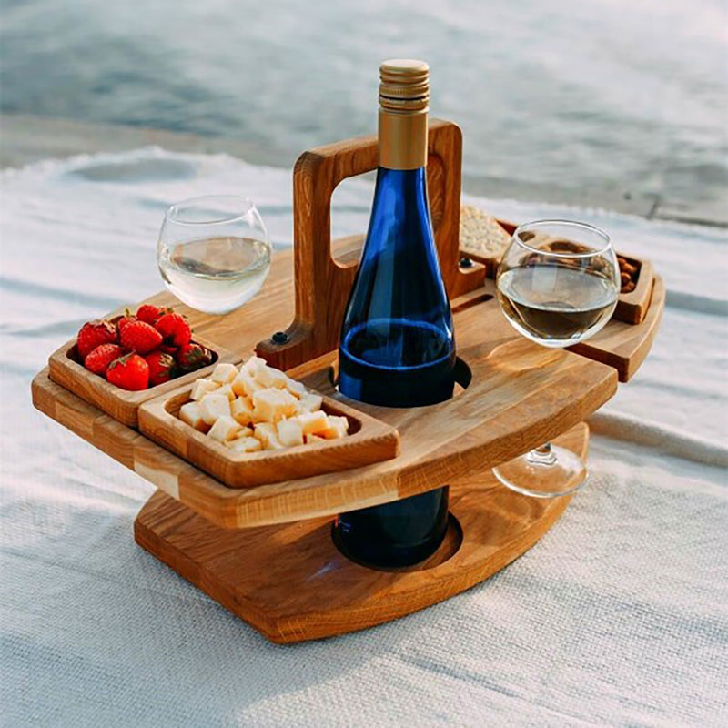 Mesa de Picnic de madera portátil, asa de transporte, mesa de vino plegable para exteriores, soporte extraíble para copa de vino, mesa plegable, bandeja para aperitivos y frutas