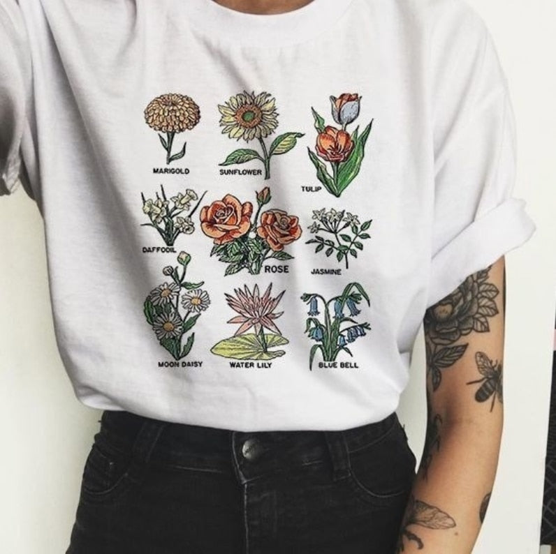 Wildflower T Shirt Women Sunshine Plant Rose Save Bees Girls Tee shirt Ladies Tops Femme Clothing Graphic Tees Woman T-shirts