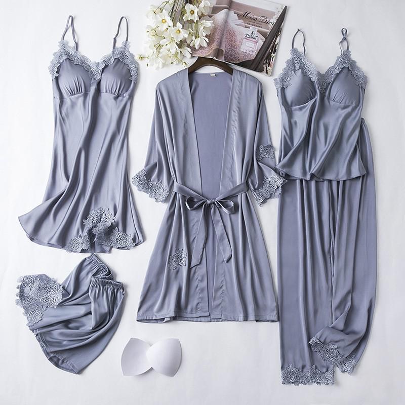 Satin Lady Robes Suit Sexy Kimono Bathrobe Gown Full Slip Lace Nightwear With Strap Nightgown Lingerie Summer Sleepwear With Bow