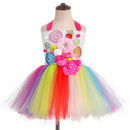 Sweet Rainbow Candy Tutu Dress for Girls Halloween Birthday Party Clothes Kids Flowers Bow Lollipop Candy Costume with Headband