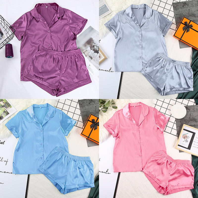 HiLoc Solid Satin Sleepwear Silk Pajamas Set Top And Shorts Two Piece Set Pyjamas Women Pajama Short Sleeve Home Suit Casual