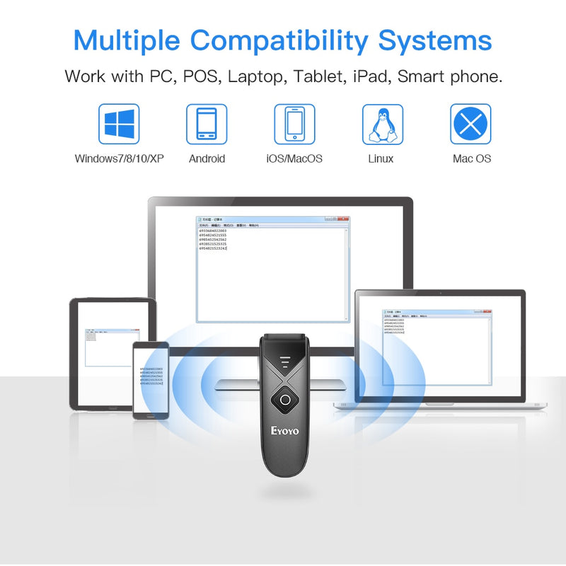 Eyoyo EY-015 Mini Barcode Scanner USB Wired Bluetooth Wireless 1D 2D QR PDF417 Bar Code for IPad IPhone Android Tablets PC