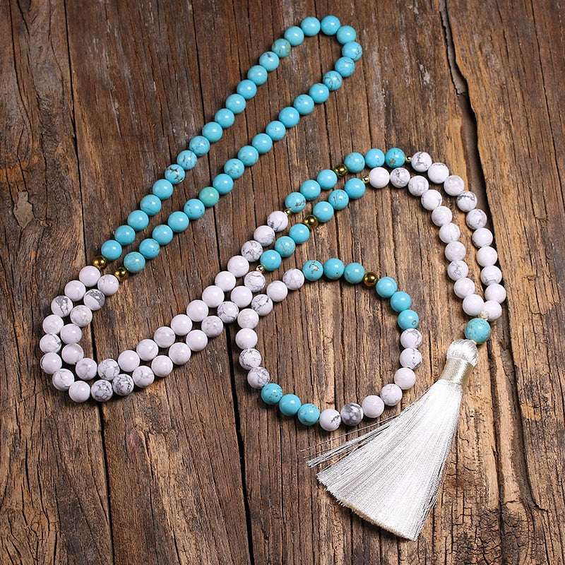 8mm Natural White Howlite Stone Beads and Blue Turquoise Bracelet For Women Men Necklace Sets Meditation 108 Mala Beads Jewelry