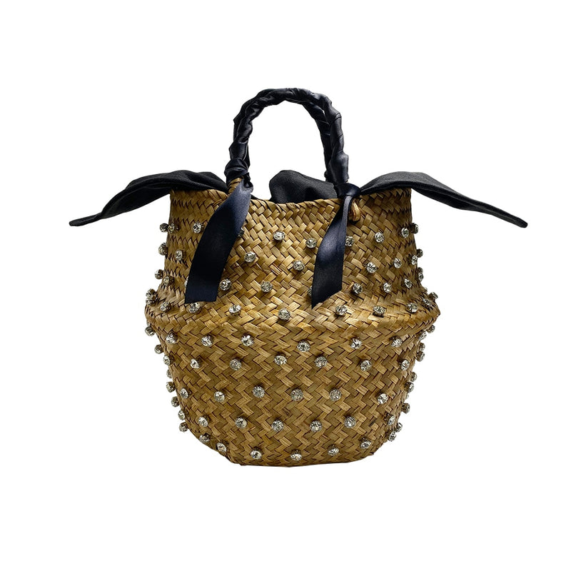 Handmade Sewing Holiday Fashion Crystal Woven Basket Diamond Clutch Bag Luxury Handbags Women Bags Designer Hot Straw Handbags
