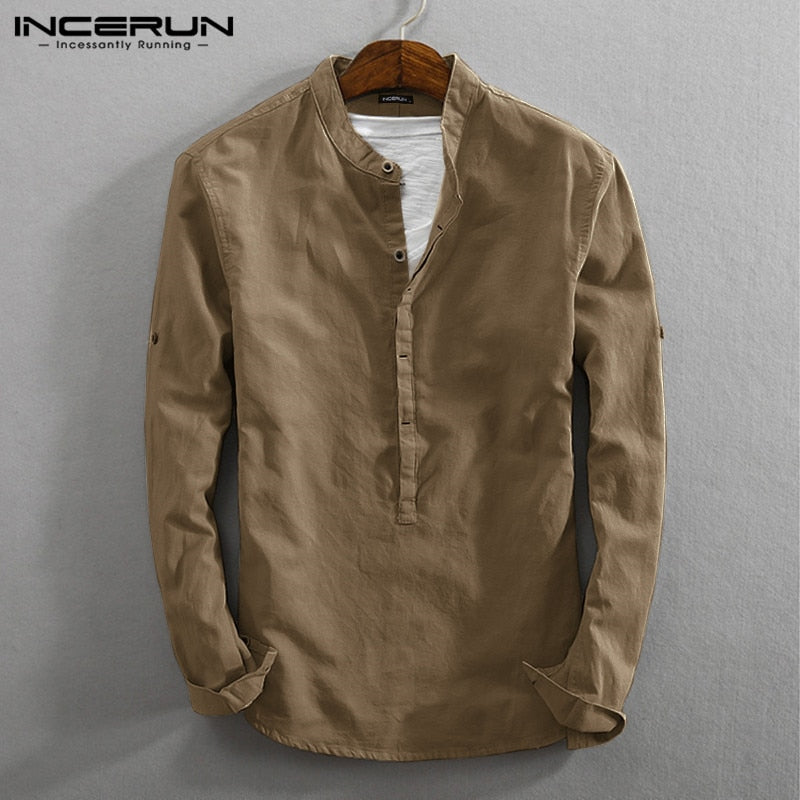 INCERUN Vintage Men Casual Shirt Long Sleeve Cotton Linen Stand Collar Solid Business Streetwear Henley Shirts Men Harajuku 2022