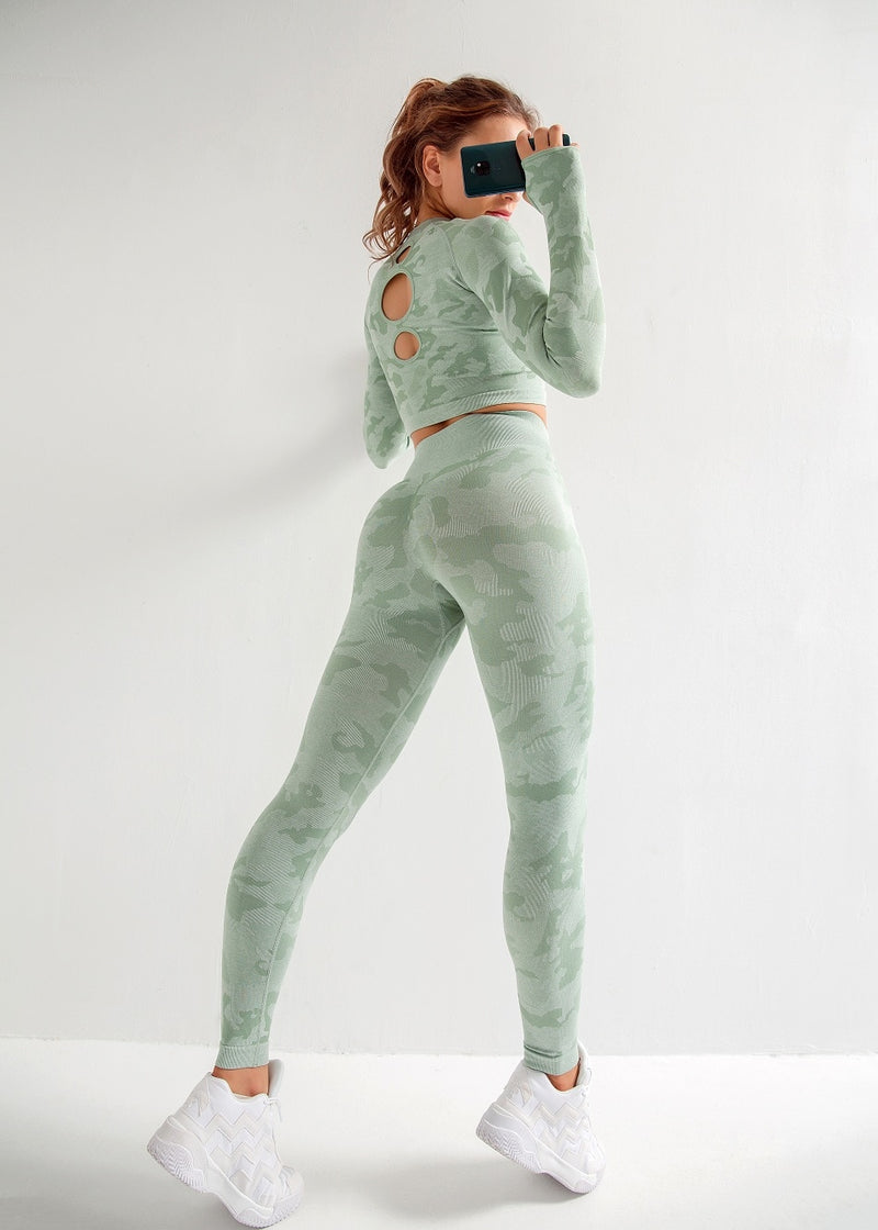 Frauen Yoga Sets Langarm Shirt + Nahtlose Leggings Hosen Camo Trainingsanzüge Gym Wear Laufbekleidung Fitness Sportd Suit,ZF289