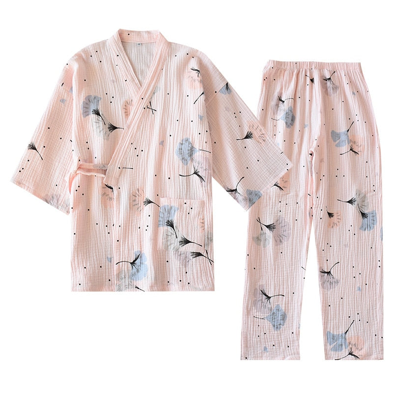 Spring and Summer Pure Cotton Yarn Kimono Pajamas V-Neck Printing Plus Size Pijama Mujer Loungewear Women 2 Piece Sleepwear