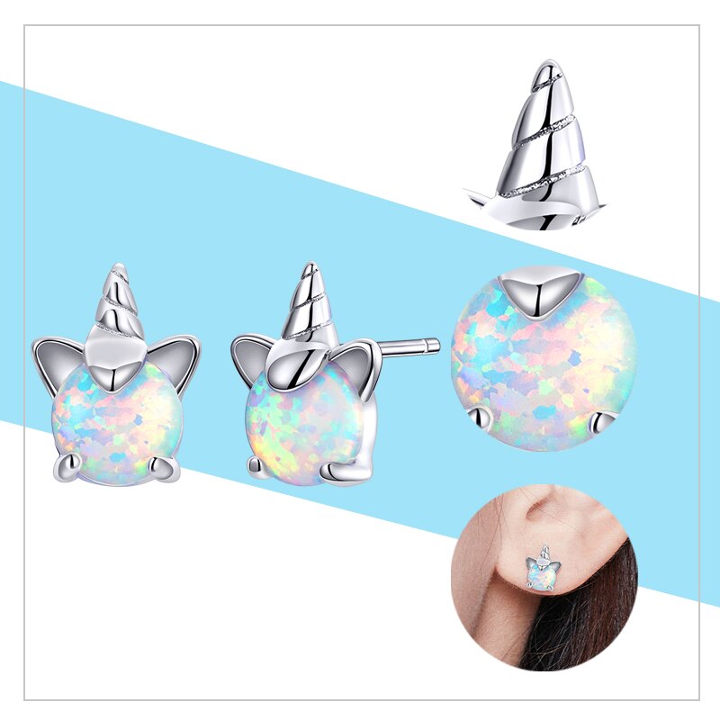 WOSTU 925 Sterling Silver Opal Stud Earrings Cat Unicorn Heart Blue Opal Earrings For Women Original Silver 925 Jewelry