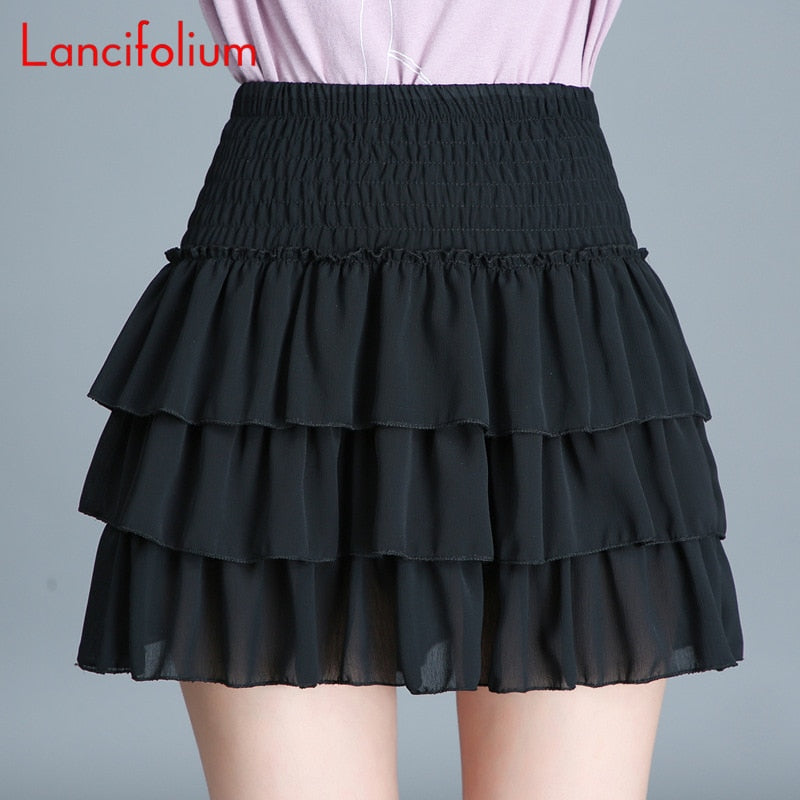 Cake Skirt Women Floral A Line Chiffon Mini Skirt Korean Kawaii Elastic High Waist Tiered Black White School Pleated Skirts B006