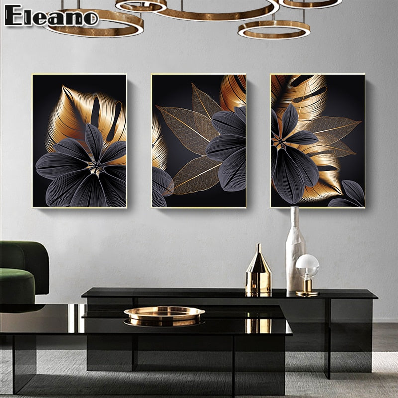 Black and Gold Luxurious Canvas Hojas Abstract Plant Flower Poster HD Line Drawing Aesthetic Room Decor Pop Modern Art Painting
