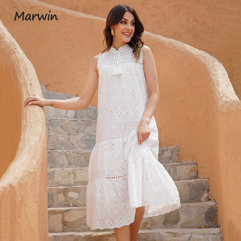 Marwin Long Simple Casual Solid Hollow Out Pure Cotton Holiday Style High Waist Fashion Mid-Calf Summer Dresses NEW Vestidos