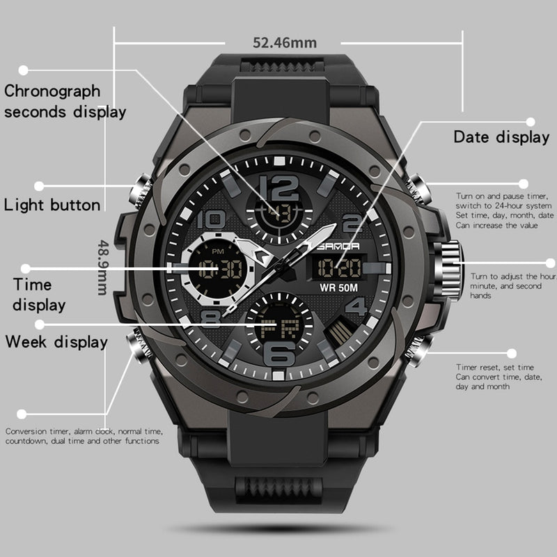 SANDA Brand Men's Watch Military Outdoor Sports Waterproof Watches Dual Display Quartz LED Digital Clock Relogio Masculino