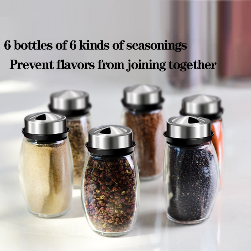 Glass seasoning jar box rotary set  box kitchen salt seasoning jar powder Organizer Revolving Spice Rack Storage Box Glass Bowl