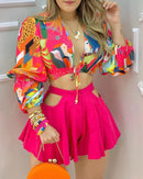 2021 Women New Colorblock Lantern Sleeve Crop Top &amp; Cutout Plain Shorts Set Summer Casual Sexy Hollow Out Shirt 2PCS Suit Sets