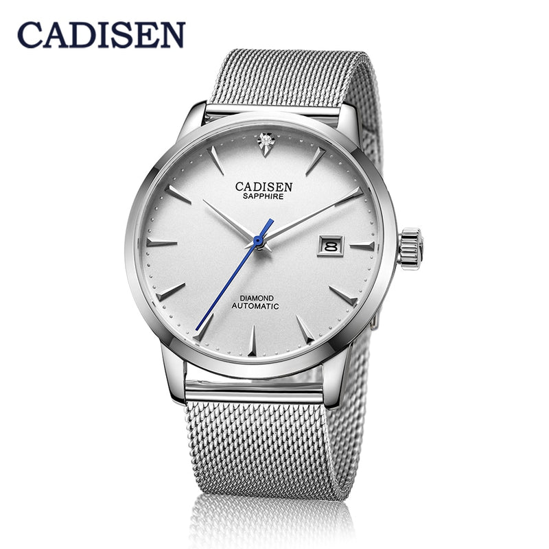 CADISEN Herrenuhren Automatische mechanische Armbanduhr MIYOTA 9015 Top-Marken-Luxus-Uhr mit echten Diamanten, gebogene Saphirglasuhr