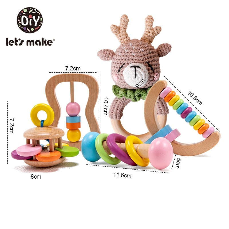 5 STÜCKE Organisches Sicheres Holzspielzeug Baby Montessori Kleinkindspielzeuggriff DIY Häkelrassel Schnullerarmband Beißringspielzeugset Babyprodukt