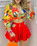 2021 Women New Colorblock Lantern Sleeve Crop Top &amp; Cutout Plain Shorts Set Summer Casual Sexy Hollow Out Shirt 2PCS Suit Sets