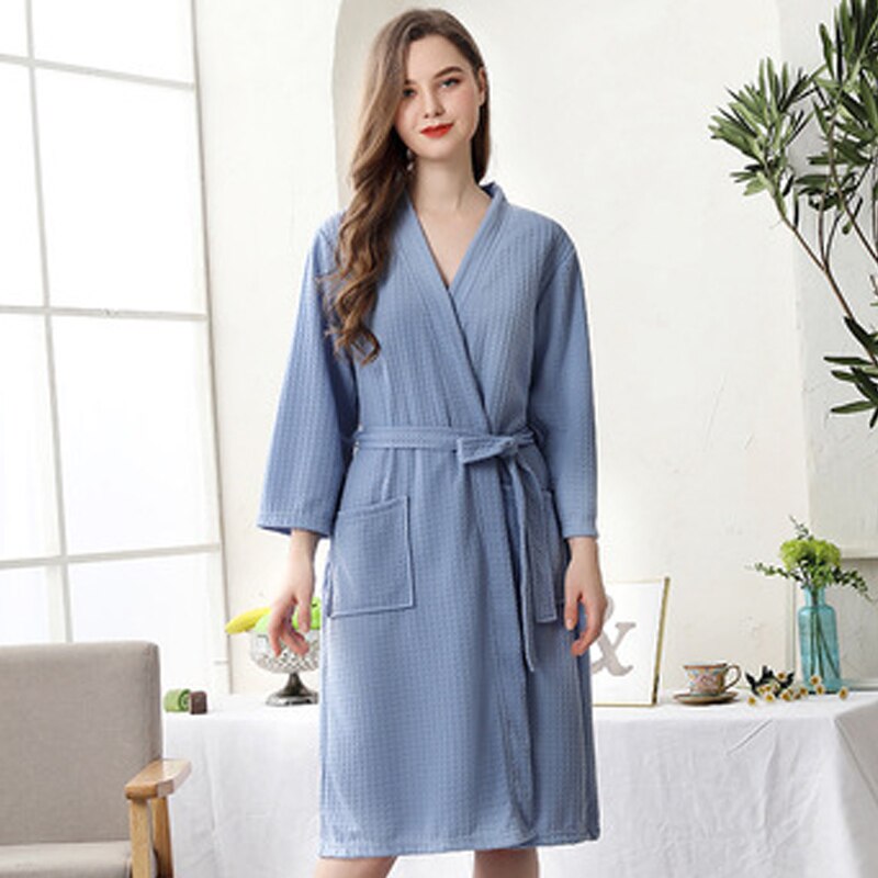 Women Summer 2021 Long Soft  Bath Robe Pajamas Kimono Solid Waffle Bathrobe With Sashes Dressing Gown Sleepwear Female Homewear