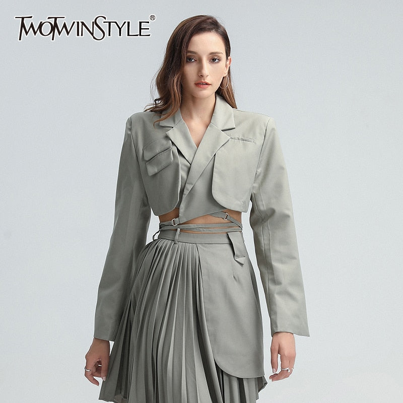 TWOTWINSTYLE Patchwork-Verband-Blazer für Frauen Kerbkragen Langarm aushöhlen Plus Size Mantel weiblich 2022 koreanische Kleidung