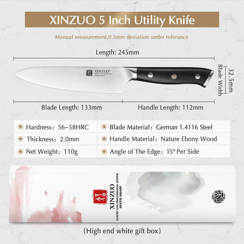 XINZUO 5" Inch Utility Knife GERMAN 1.4116 Steel Best Kitchen Knife New Parer Fruit Knife with Ebony Handle Kitchen Accessories