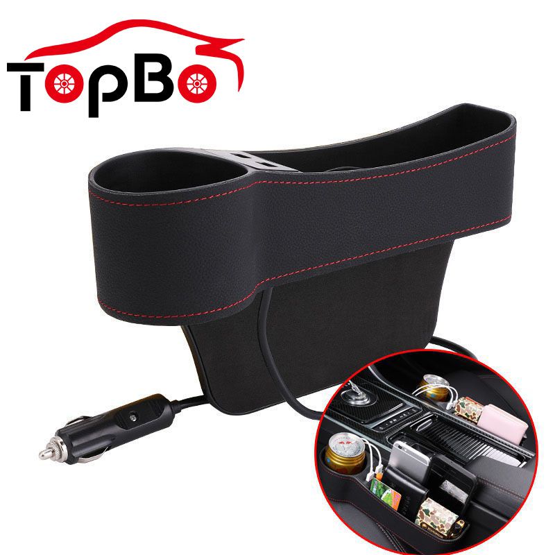 Auto Car Seat Gap Organizer PU Leather Storage Box Cup Holder Car Seat Side Slit Pocket Storage Bag With Dual USB Charger Ports