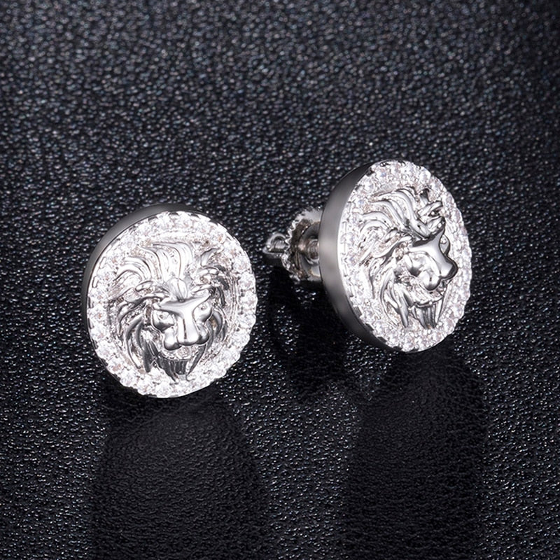Hip HOP 1Pair Zircon Micro Paved Lion Iced Out Rhinestone CZ Stone Round Bling Stud Earring Copper Earrings For Men Jewelry