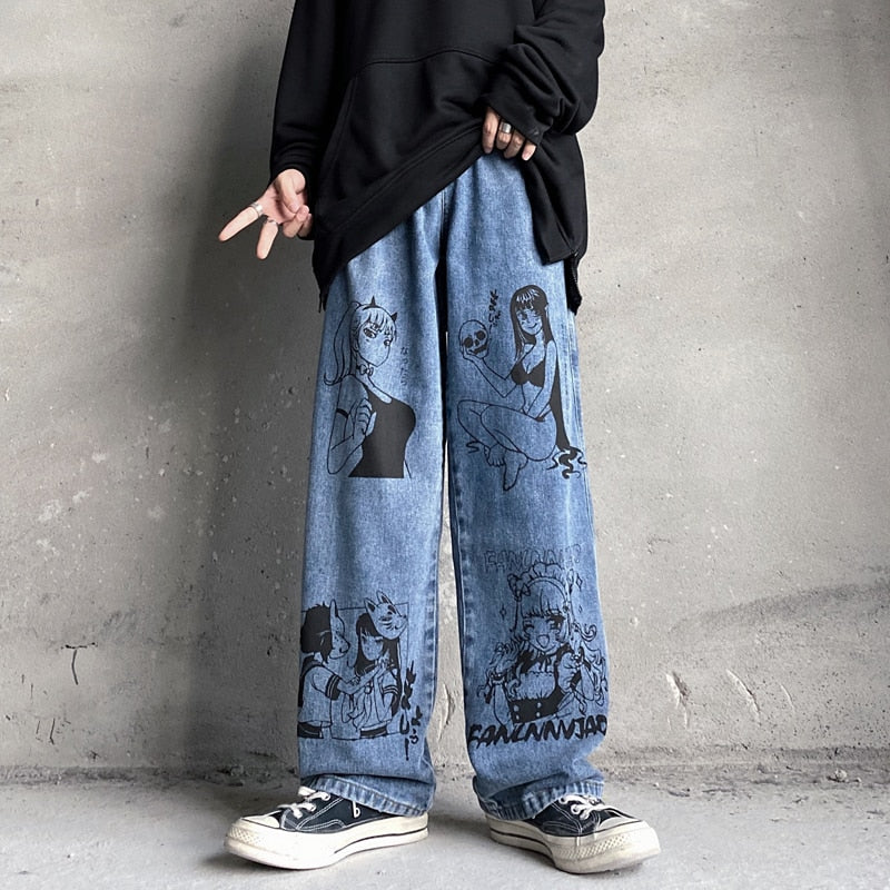 Vintage gewaschene Jeans Frauen Streetwear Jeans Harajuku Cartoon Anime Print Jeans Mode Mädchen Jeans lose Hose mit weitem Bein Baumwolle