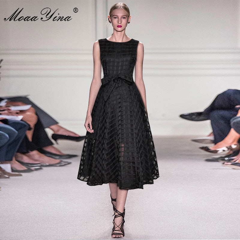 MoaaYina Modedesigner weibliches Kleid Sommer Damen Kleid ärmellos schnüren Party Plaid elegante Ballkleid Kleider