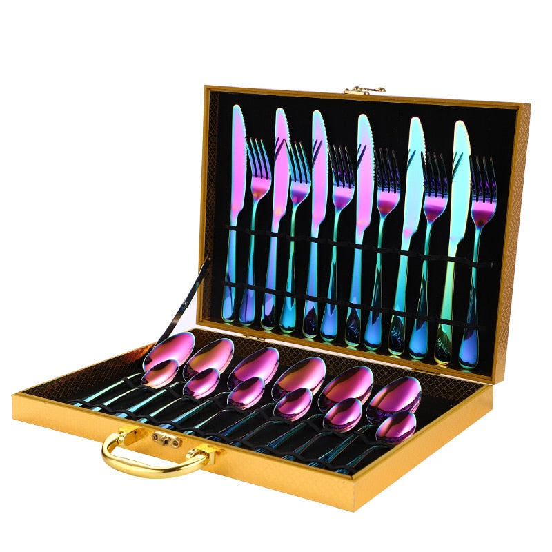 Tableware 24 Pcs Rainbow Cutlery Stainless Steel RainbowCutlery Set Tableware Set Fork Spoon Knife Set Gift Dinnerware Set Box