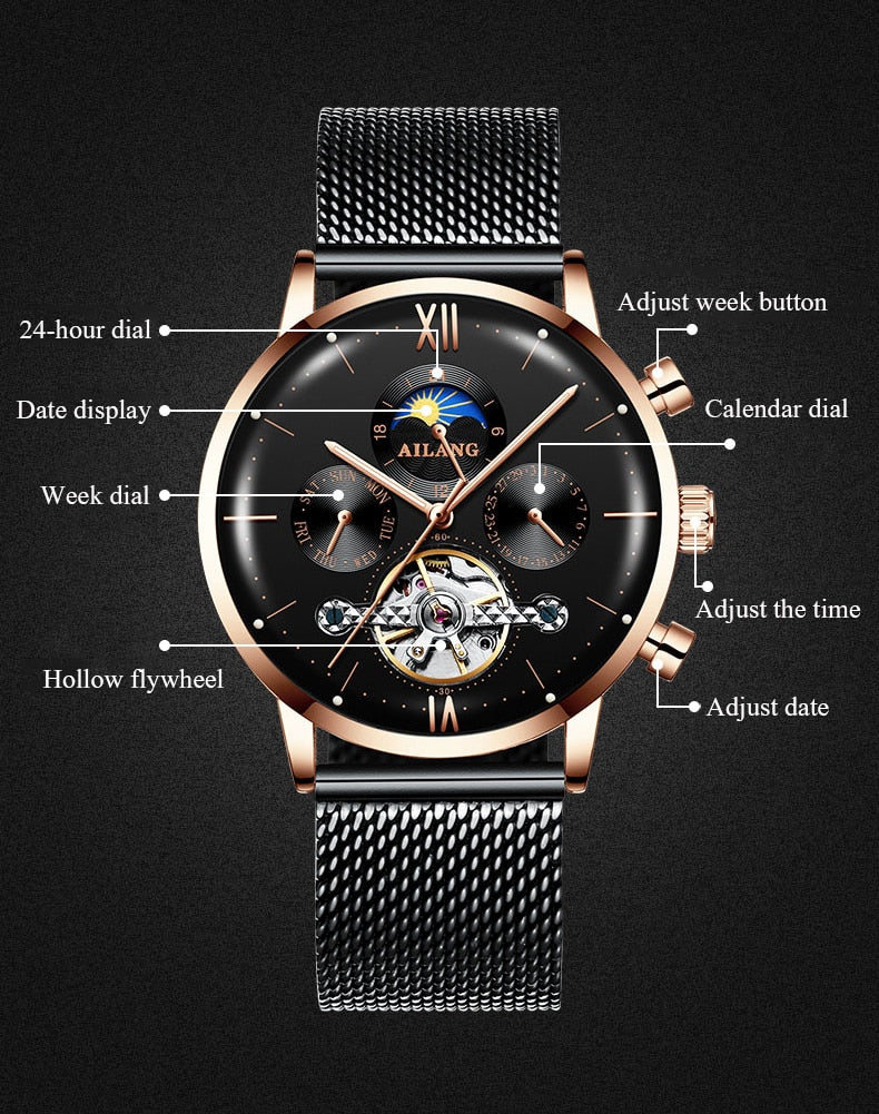 Reloj de calidad SSS AILANGmen tourbillon, reloj automático minimalista, reloj de pulsera de engranaje de último diseño, reloj mecánico diésel para hombres