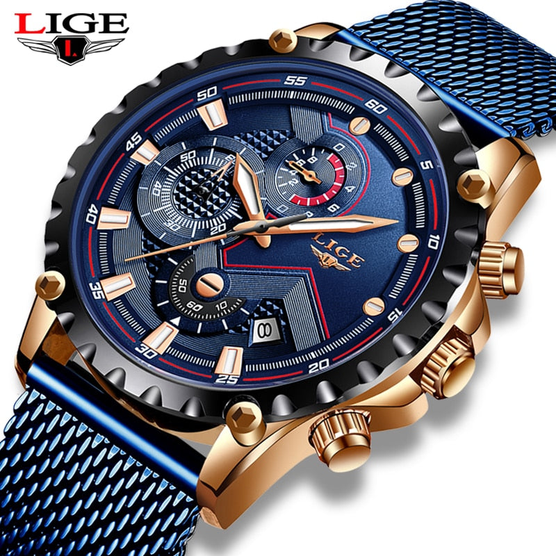 ¡Novedad de 2022! Reloj LIGE azul informal con correa de malla, reloj dorado de cuarzo a la moda para hombre, relojes de marca superior de lujo a prueba de agua, reloj Masculino