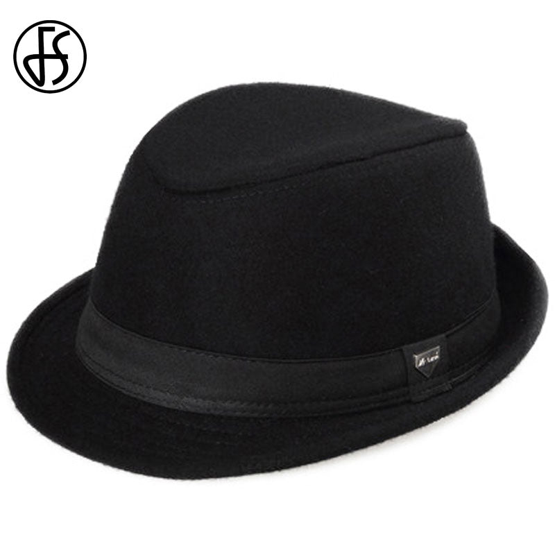 FS Vintage Herren Fedora-Hüte mit breiter Krempe aus Wollfilz für schwarzen Jazz Trilby Panamahut Gentleman Gangster Caps Fedora Chapeau Homme