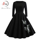 Elegant Black Embroidery Wrist Sleeve Women Dresses 2022 New Autumn Winter Casual O Neck Cotton A Line Vintage Party Vestidos