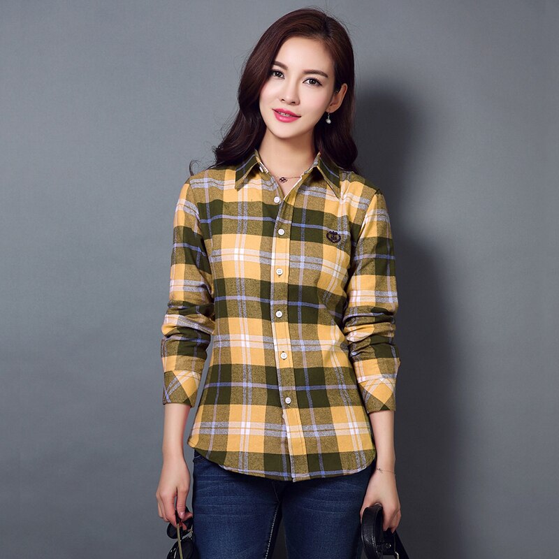 S-4XL Women Cotton Shirt Spring Autumn Winter 2022 New Casual Long-sleeve Brushed Plaid Stripe Shirts Girl's Tops Blouse Female