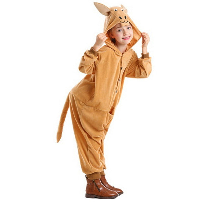 Kinder-niedlicher Cartoon-Overall-Mädchen-Jungen-Halloween-Tier-Känguru-Kostüm mit Kapuze und Känguru-Figur-Set