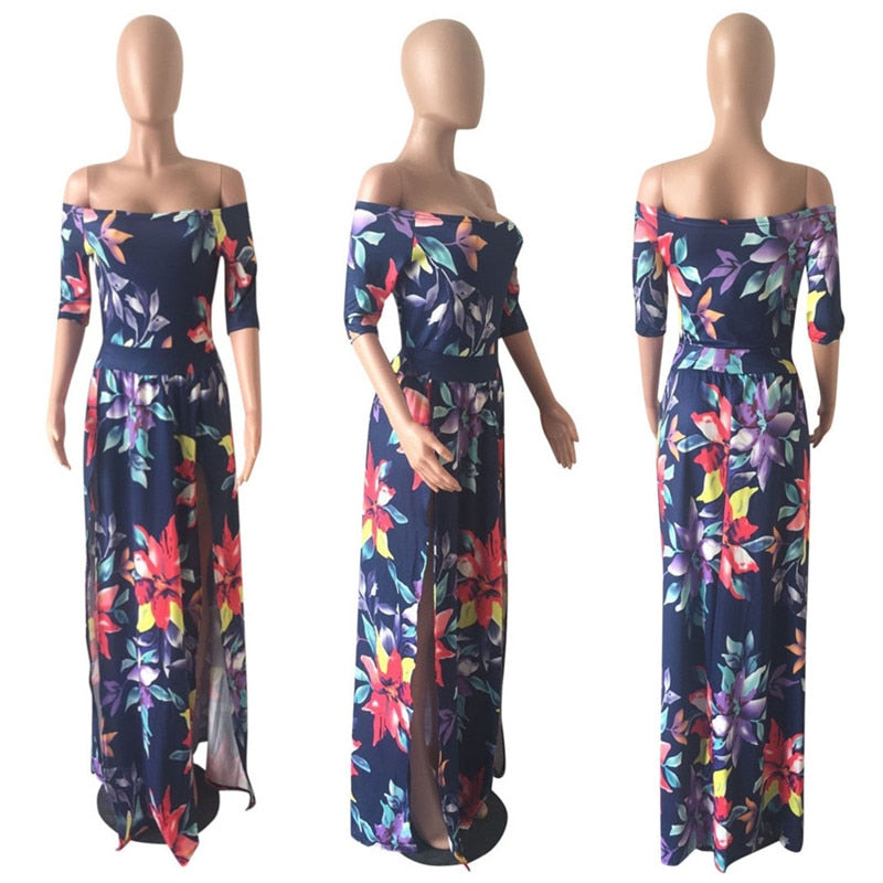 Women Floral Print Hobo Beach Long Dress Summer Elegant Off Shoulder Half Sleeve High Slit Party Dresses Outfit Beach Vestidos