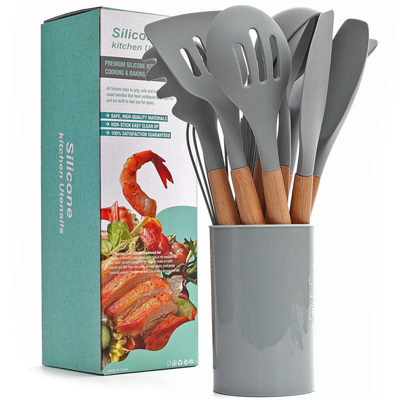 Silicone Cooking Utensils Kitchen Utensil Set - Non-stick Spatula Shovel Natural Acacia Wooden Handle Kitchen Tools