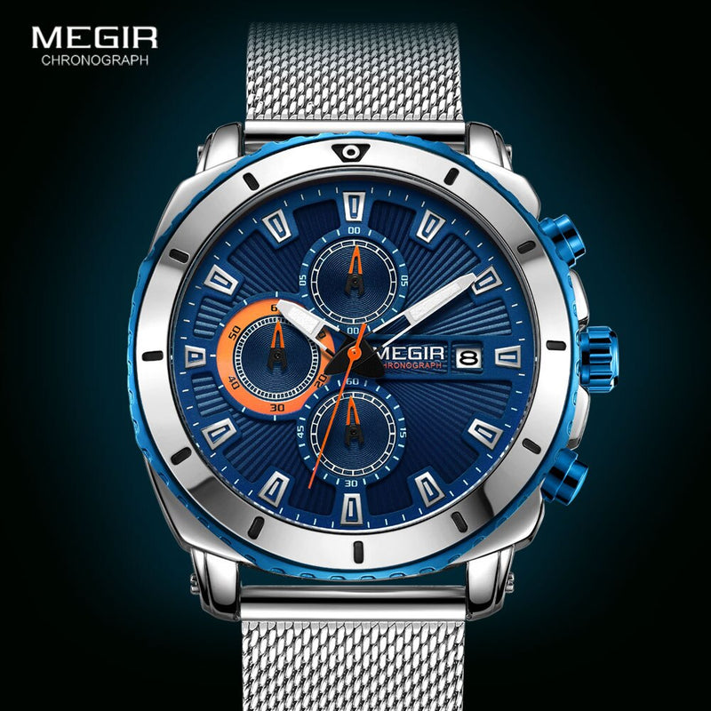 Relojes Megir para hombre 2020, correa de malla de lujo, reloj de cuarzo de negocios para hombre, relojes de pulsera deportivos militares resistentes al agua de la mejor marca, cara azul