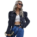 Benuynffy Vintage Puff Long Sleeve Crop Jean Jacket Women Spring Autumn Single Breasted Coat Female Outwear Casual Denim Jackets