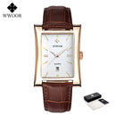 WWOOR Brand Classic Fashion Mens Rectangle Watches Male Gold Brown Leather Quartz Waterproof Wrist Watch For Men Calendar Clocks