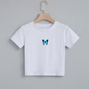 Fashion Cartoon Blue Butterfly Print Crop Top Harajuku O Neck Cropped T Shirt Cute Women T-shirt Gothic Women Tshirt Streetwear