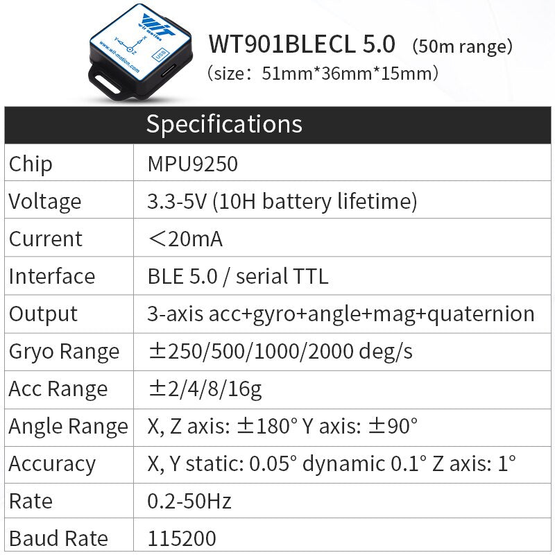 BWT61CL Hochpräziser Bluetooth-Beschleunigungsmesser + Gyroskop + Winkel (XYZ, 100 Hz), 6-Achsen-MPU6050-AHRS-Neigungsmesser, Unterstützung für PC/Android