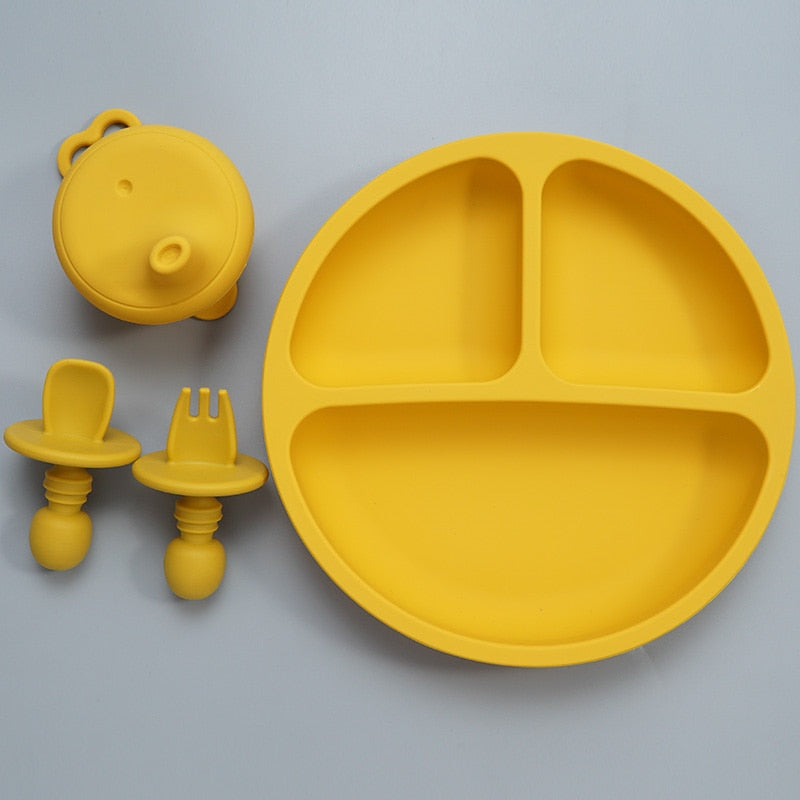 Baby Accessories Toddler Feeding Silicone Dinner Plate Waterproof Soft Infant Fork Spoon With Portable Kids Silicone Cup Cover