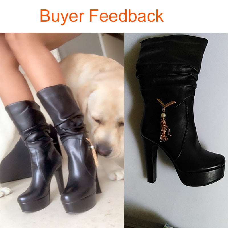 Big Size 34-43 Elegant Black Pleated mid-calf Boots Women 2020 Platform Boots Ladies slip-on High Heels Shoes Woman